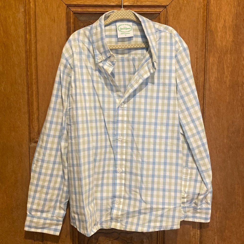 Grace & James button down dress shirt boys size 7 green blue white cotton plaid